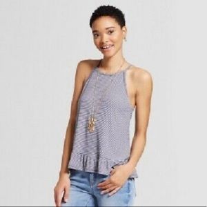 Navy Striped Ruffle Tank Top